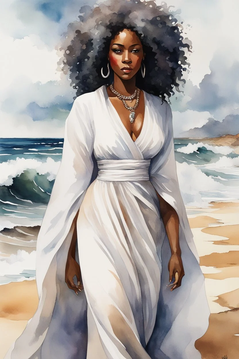 Create an urban culture watercolor painting of a beautiful thick black female wearing a soft white maxi dress and a white hair wrap. Prominent make up with lush lashes. Highly detailed tightly curly afro. Background of her walking in the sand by the ocean.