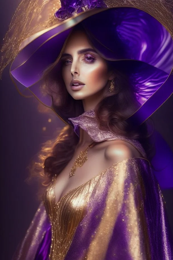 full body long shot of Ana de Armas as a mysterious beautiful stranger, sophisticated layered light dress with perls, McQueen and Philip Treacy, an atmosphere of mystery and charm, intricate background, shimmer, a graceful and playful hat with a light veil covering the upper part of the face, violet and gold palette, wlop and artgerm, intricate, complex, rich deep color, photo-realistic, super-resolution, elegant, dynamic lighting, sharp focus, colourful, octane render, unreal engine, award-winn