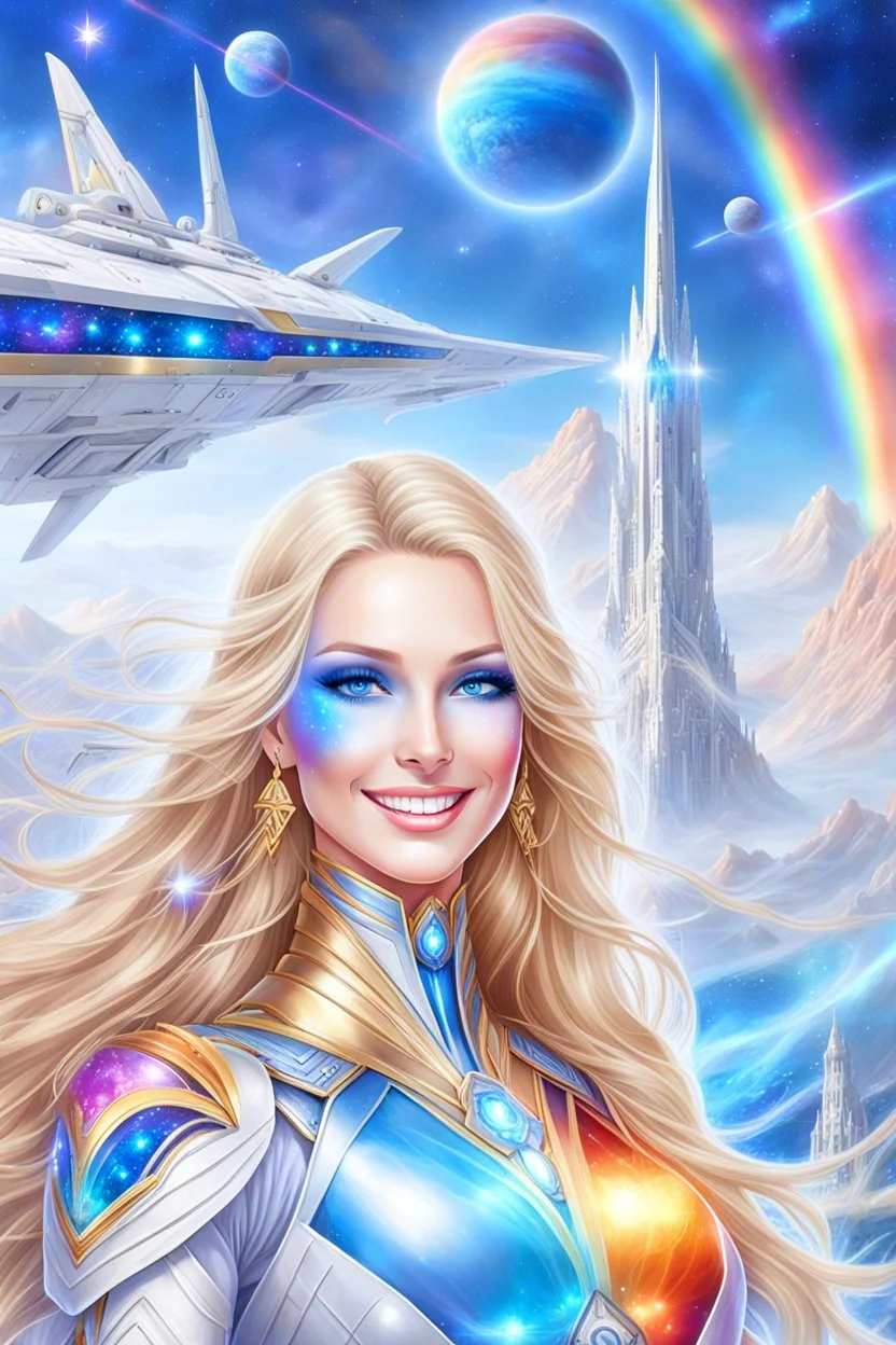 cosmic woman angels smile,admiral high commander from the future, one fine whole face, crystalline skin, expressive blue eyes,rainbow, smiling lips, very nice smile, costume rainbow pleiadian, Beautiful tall woman pleiadian Galactic commander, ship, perfect datailed golden galactic suit, high rank, long blond hair, hand whit five perfect detailed finger, amazing big blue eyes, smilling mouth, high drfinition lips, cosmic happiness, bright colors rainbow, blue, pink, gold, jewels, realist,8k