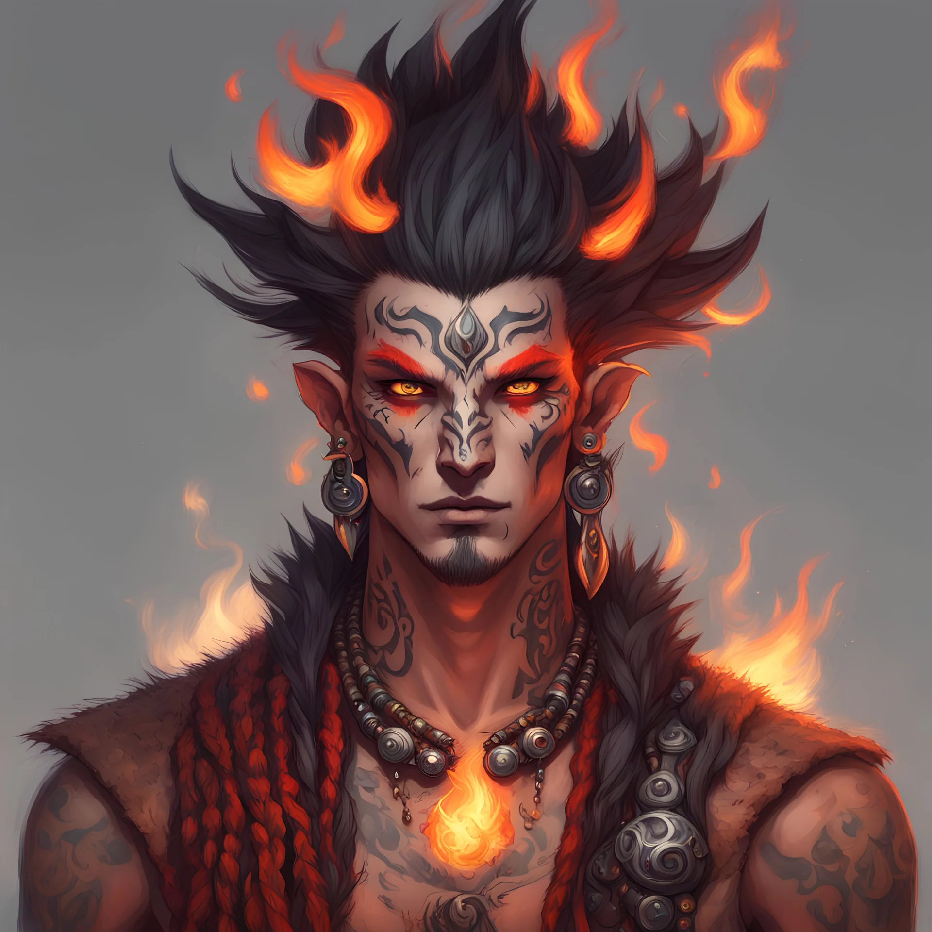 fantasy character, fire genasi shaman, male, in his late twenties, lots of face piercings, ear plugs piercings, face markings, tribal tattoes, short mohawk hair, fire-red eyes, digital art