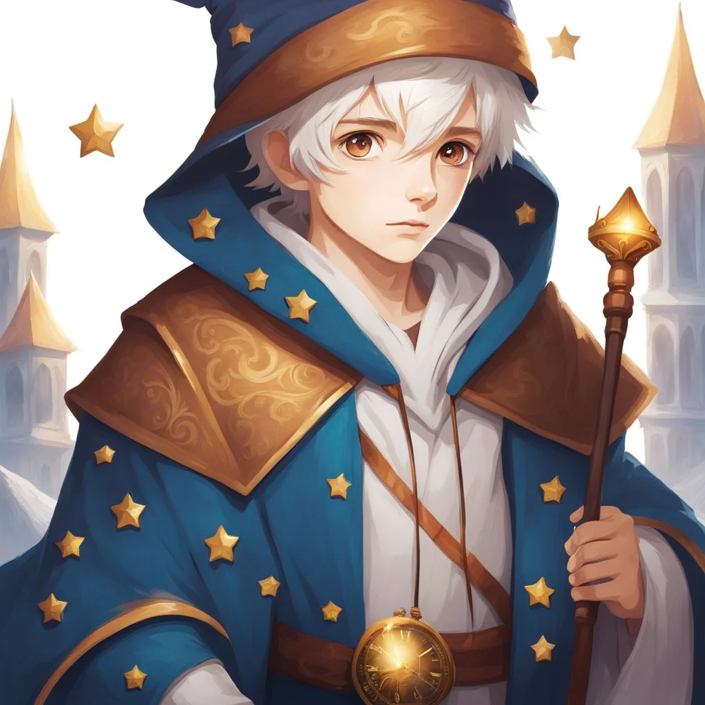 Fantasy World, A boy only wearing a closed wizards robe, and wearing a wizards hat. White Hair. Eyes That Looks Like a Clock.