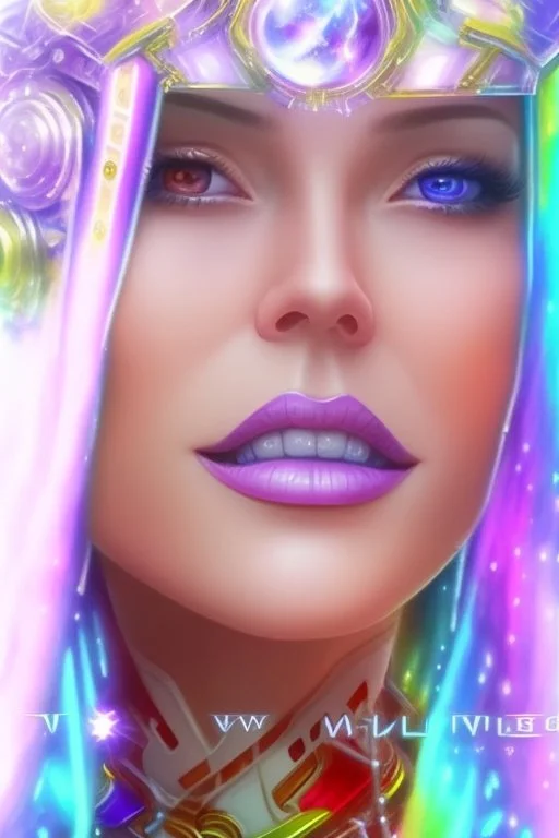 cosmic woman smile, admiral from the future, one fine whole face, crystalline skin, expressive blue eyes,rainbow, smiling lips, very nice smile, costume pleiadian, Beautiful tall woman pleiadian Galactic commander, ship, perfect datailed golden galactic suit, high rank, long hair, hand whit five perfect detailed finger, amazing big blue eyes, smilling mouth, high drfinition lips, cosmic happiness, bright colors, blue, pink, gold, jewels, realist, high commander