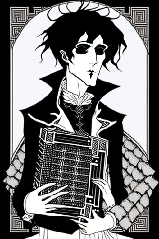 goth male necromancer with black hair playing a concertina in the style of Aubrey Beardsley