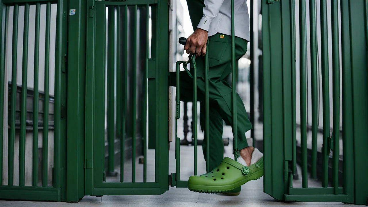 delivery man wearing green crocs shoes at the gate