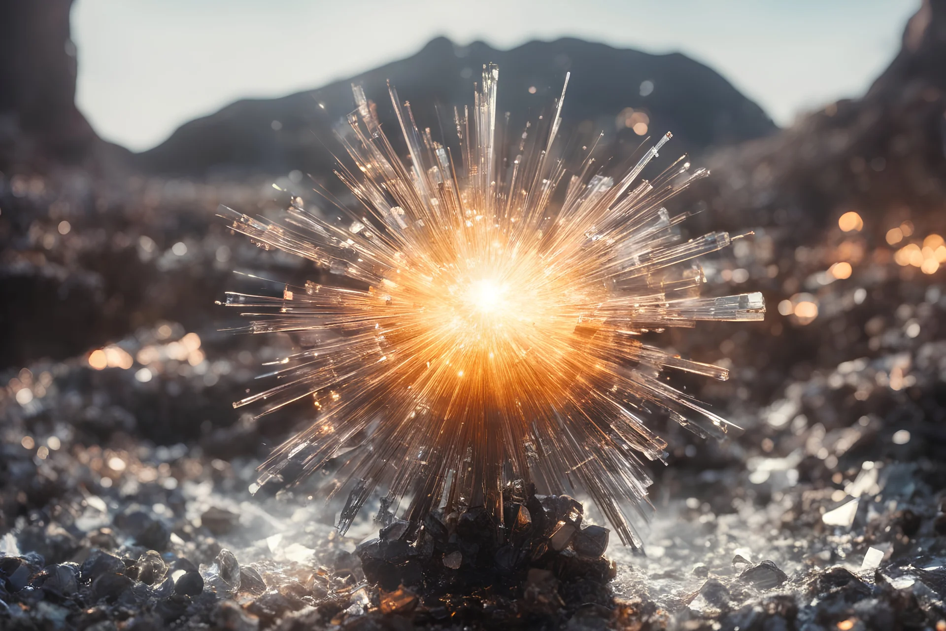 Atomic explosion, made of crystals, ULTRA REALISTIC, details, intricate detail, professional lighting, film lighting, 35mm, anamorphic, lightroom, cinematography, bokeh, lens flare, film grain, hdr10, 8k, Roger Deakins, incredibly detailed, reflect, sharpen