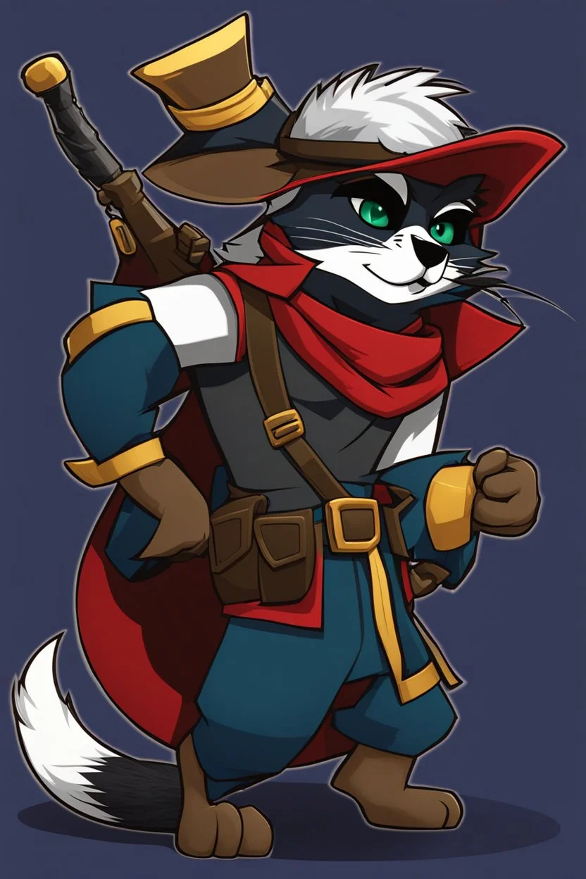 Make a Sly Cooper oc. He is a raccoon with sleek, charcoal-gray fur and emerald-green eyes. He has a sly and mischievous expression, with a black mask-like pattern around his eyes. He wears a tattered, dark blue bandit's outfit with a red sash and a feathered hat that adds to his roguish charm. He also sports a leather pouch at the base of his tail for carrying stolen treasures.