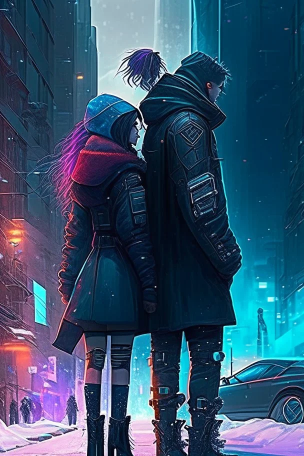 Science fiction, cyberpunk, city street, couple girl and guy, together, love at first sight, forbidden love, winter