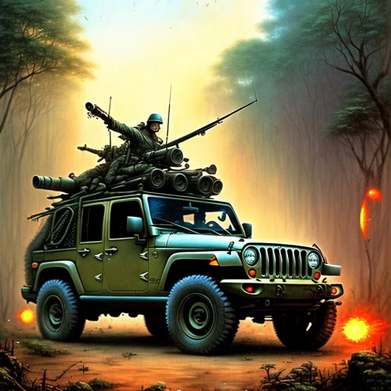 vietnam war. war report. jeep in jungle. poster. bokeh. lens flare. warm lights. high detailed. beksinski