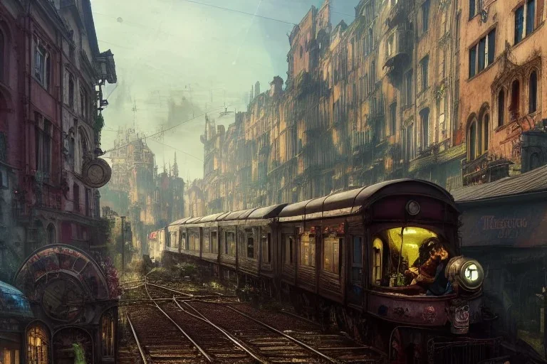 Train raid Train Canal River and corner shop greengrocer in colorful Italian street+Gothic city+BioShock+Dishonored+Bloodborne +trieste+Edinburgh+Chicago+victorian London+decòpunk Skyscraper+ +steampunk+biopunk+alphonse mucha, greg rutkowski,matte painting, cryengine, hyper detailed, felix kelly, fantasy art, seb mckinnon