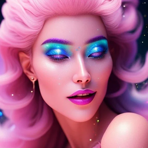 woman glitter pink in a galactic ambiance, smiling and laughting, long white hairs , blue eyes ,the whole body and head, delicate colors in the foreground, full of details, smooth, light effect，vaporwave colorful, smooth, extremely sharp detail, finely tuned detail, ultra high definition, 8 k, unreal engine 5, ultra sharp focus