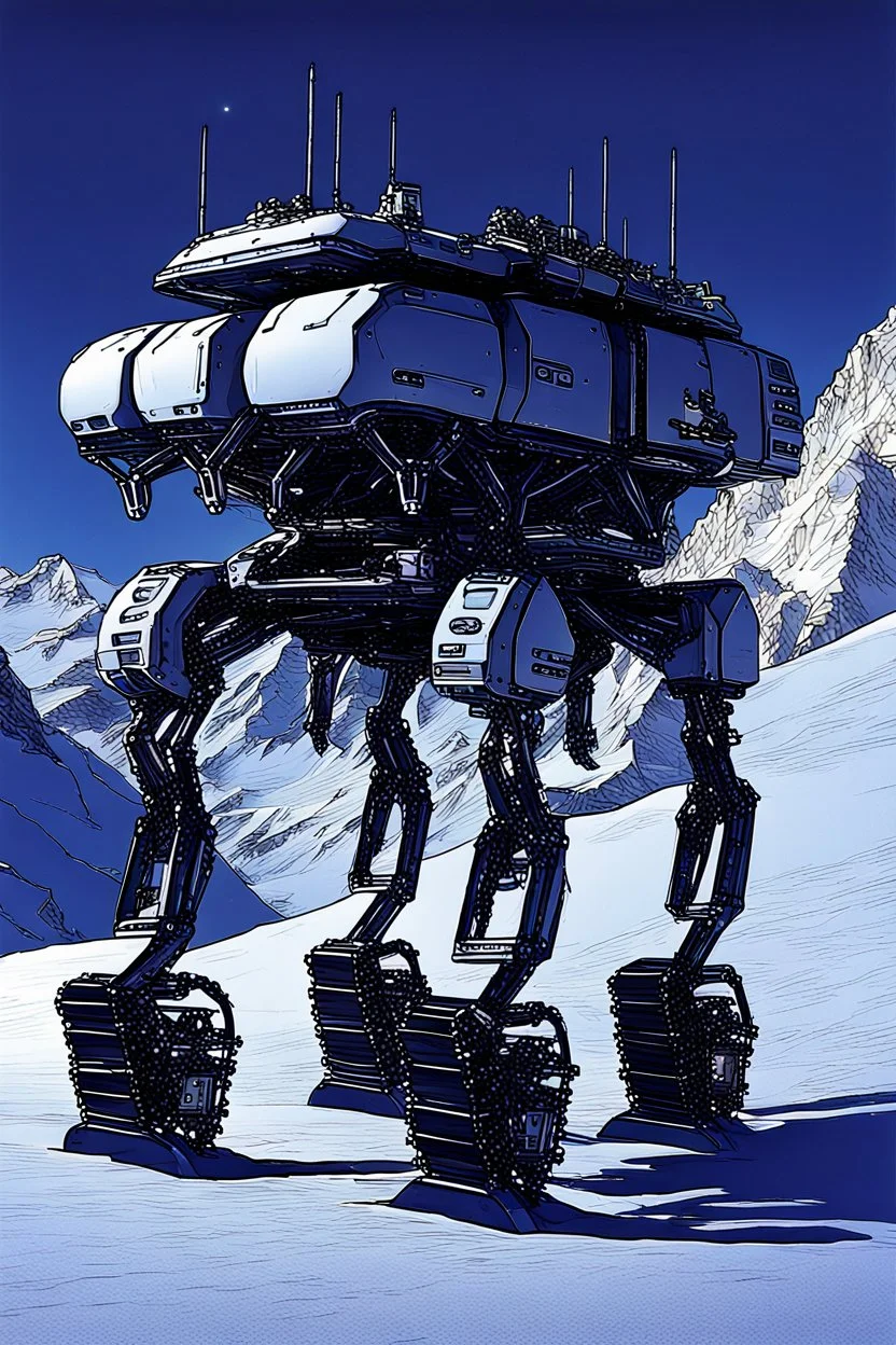 a sleek mechanical walker with eight legs scaling a very steep snow covered side of mout everest at night, it has a smooth surface, it has storage pods on its belly and humans can fit in the pods