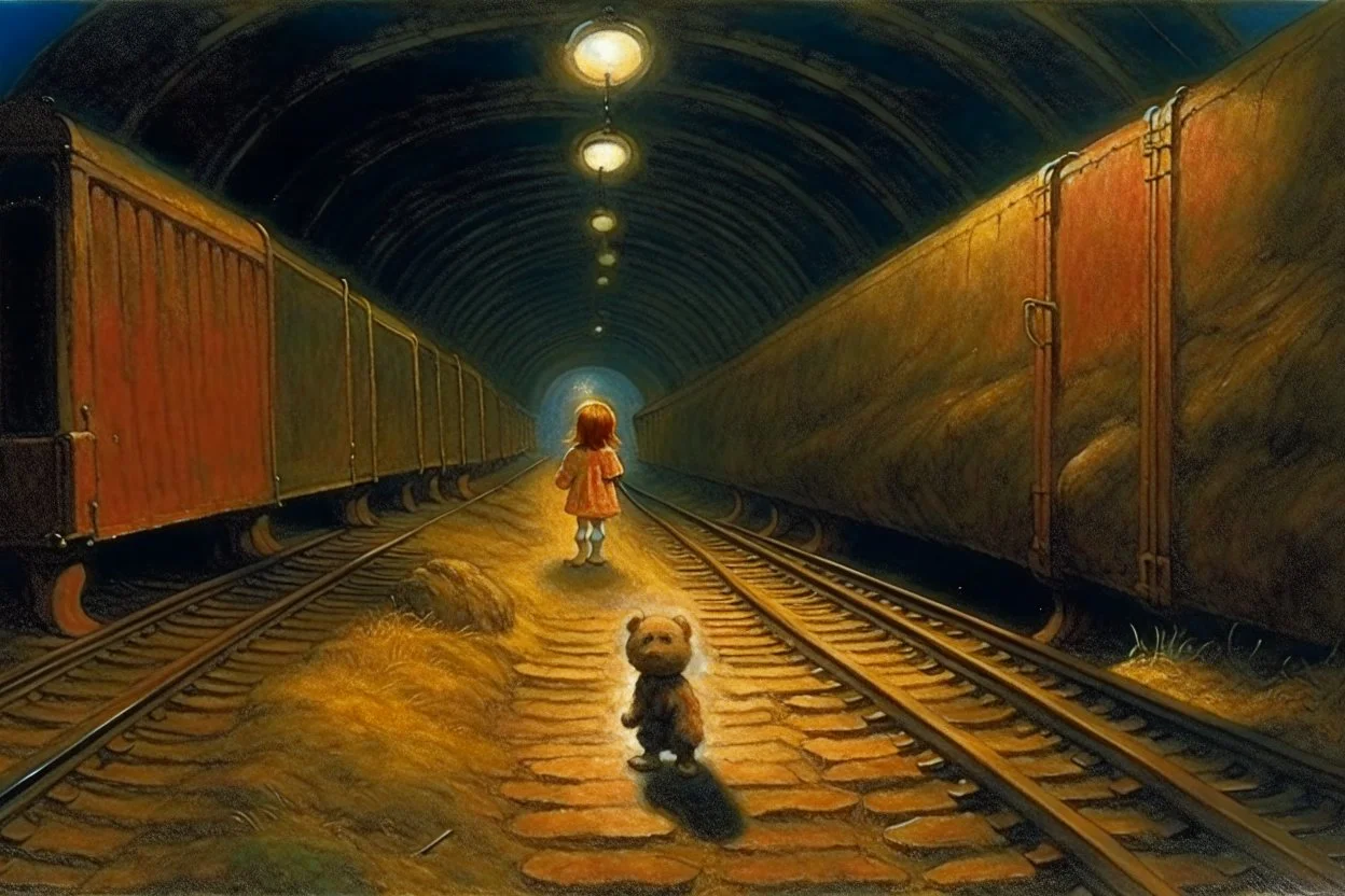 in a tunnel little girl is holding a teddy bear next to train tracks Zdzisław Beksiński