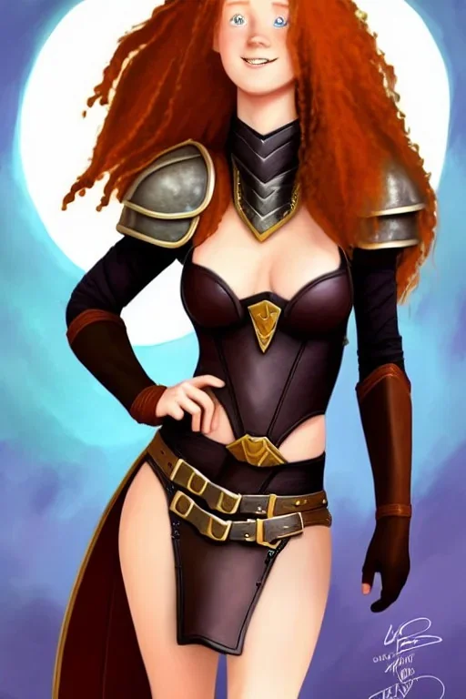 In the style of Dreamworks, concept illustration, super-detailed, beautiful teen female, 16 years old, long ginger hair, medium freckles, full lips, full body, full face, b-cup breasts, athletic, centred camera, ignore NSFW, skimpy brown fantasy leather armor, halter top, micro thong, knee-high leather boots, open leather skirt, stern expression, cute pose with hands behind butt