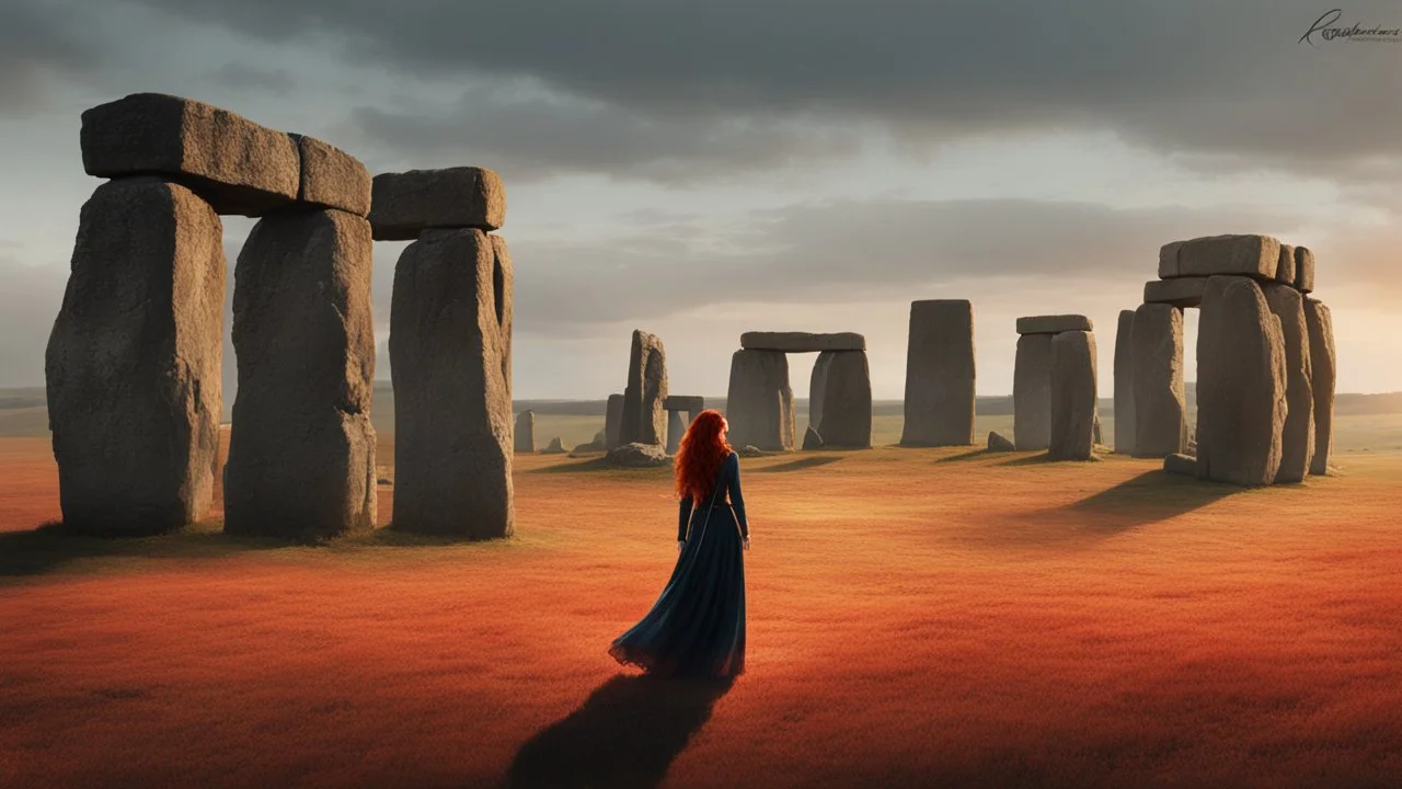 Full body shot of a tall slim red-headed young woman, dressed like a gipsy, standing in front of Stonehenge in a flaming circle, Raphael Lacoste