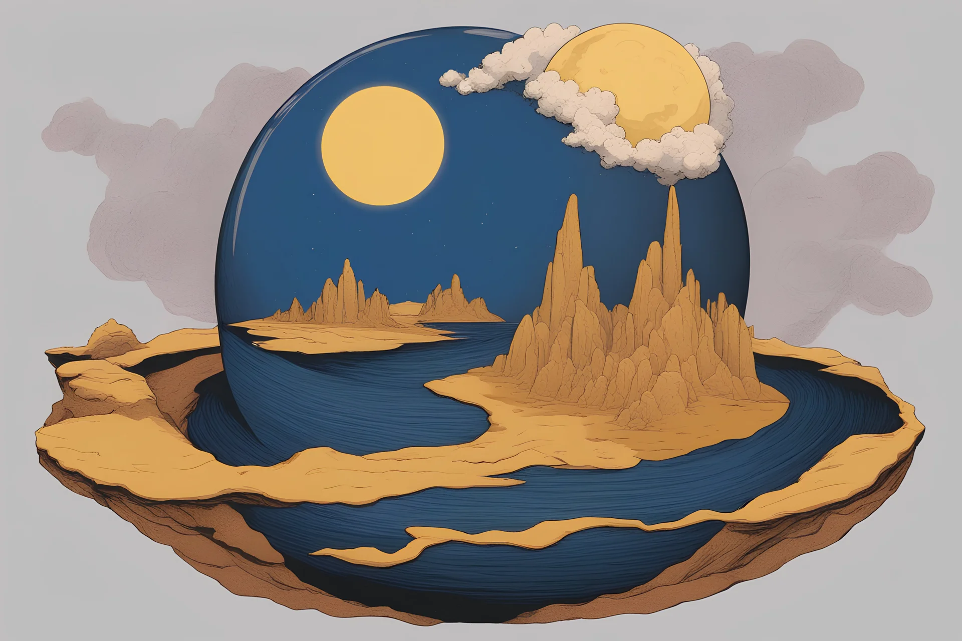image of a blue and yellow globe with clouds, desolate gloomy planet, arid planet, mar planet, weird planet, planet landscape, ocean on planet titan, deserted planet, circular planet behind it, terraformed mars, planet surface, circular planet, rich diverse lush alien world, dark blue planet, an alien planet, ocean on alien planet titan