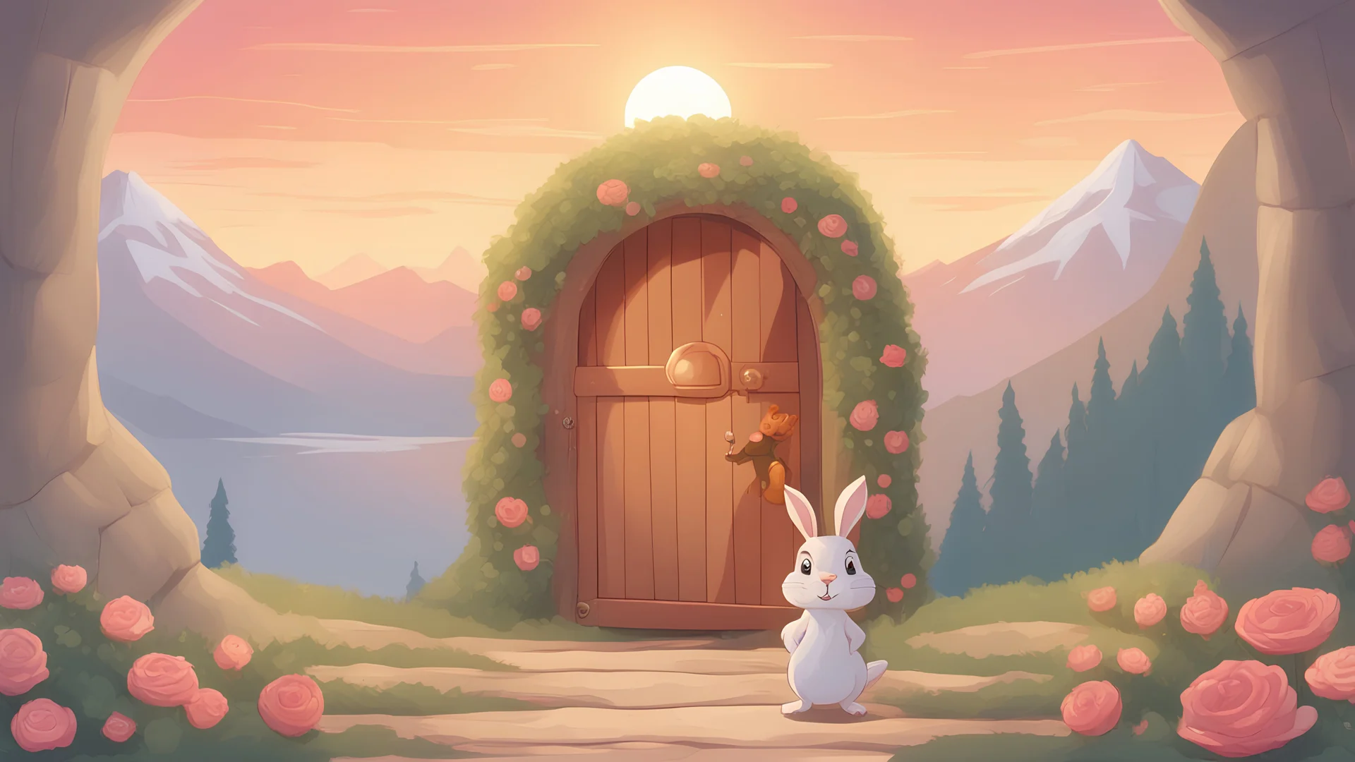 Image of a lovely rabbit and squirrel entering through a giant door decorated with beautiful colors and looking magical with mountains, snow, roses and a beautiful sunset. Cartoon, style