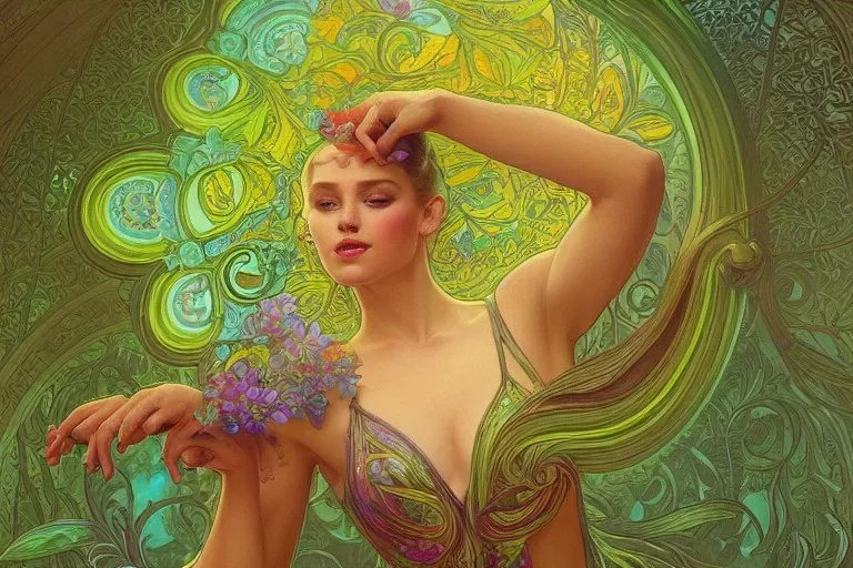 gardenia flowers, colorful, psychedelic, intricate, elegant, highly detailed, digital painting, artstation, concept art, smooth, sharp focus, illustration, art by artgerm and greg rutkowski and alphonse mucha, ballerina, neon green