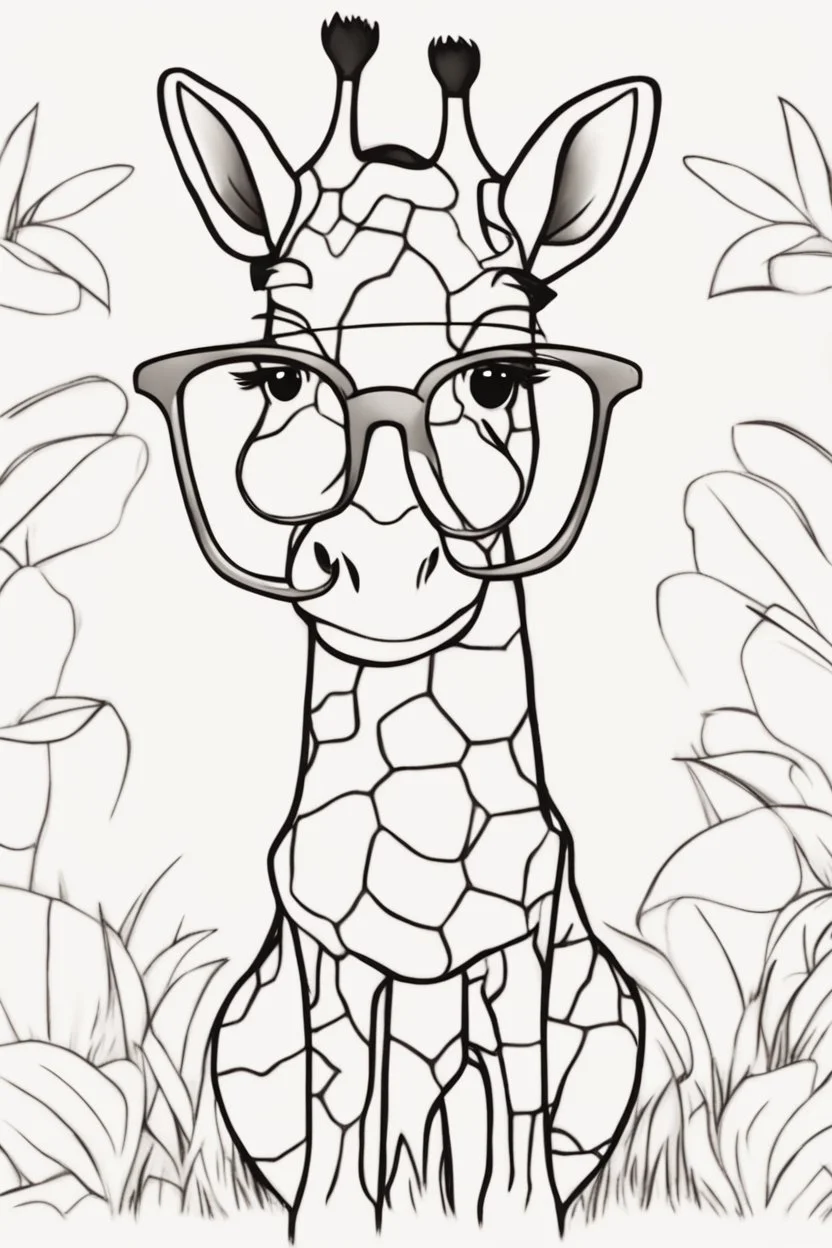 Outline art for cute coloring pages with giraffe with glasses, full body, white background, sketch style, only use outline, clean line art, no shadows and clear and well outlined.