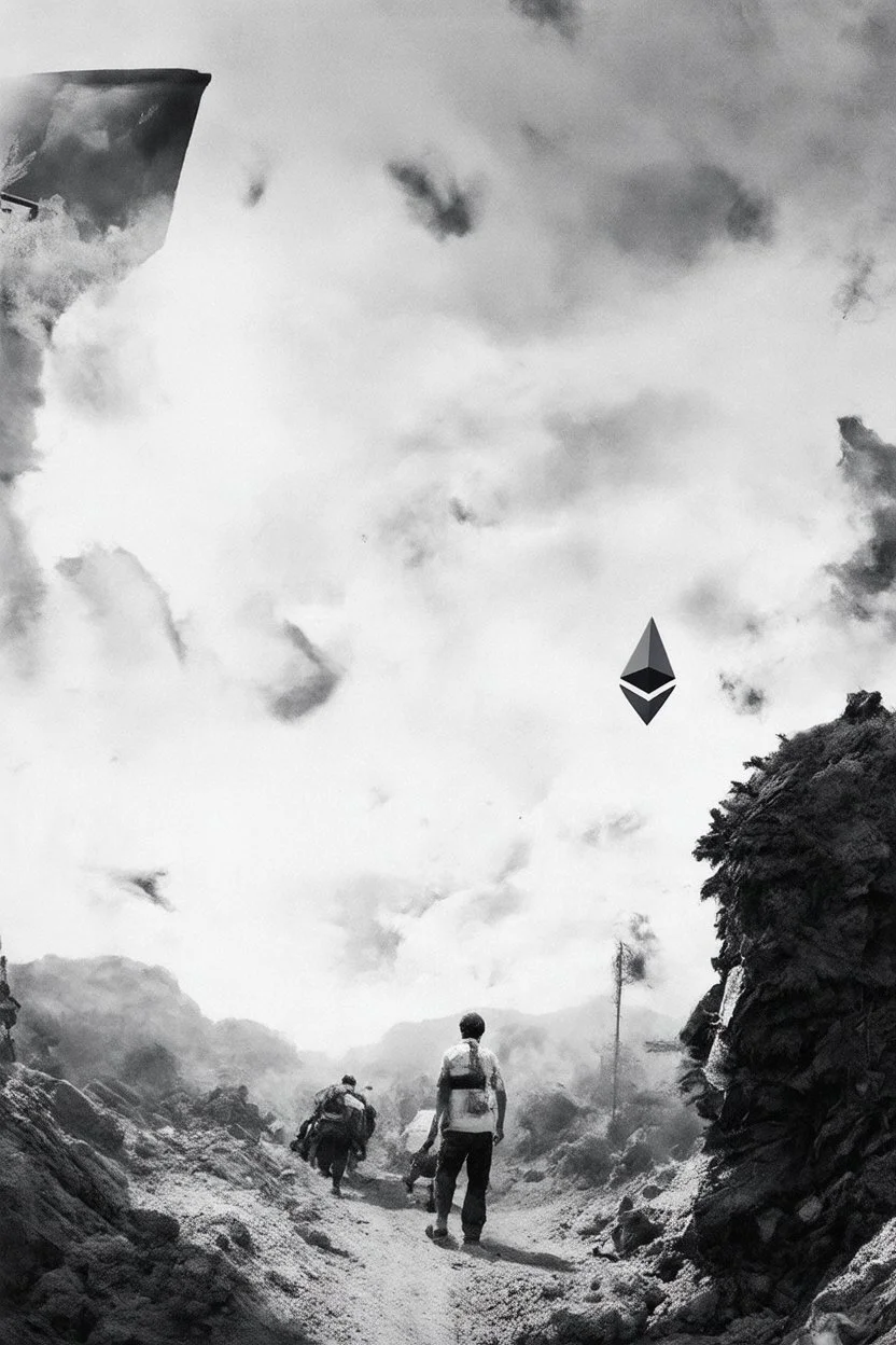 trump justin sun ethereum in the trenches seeing the future in the style of surrealism black and white
