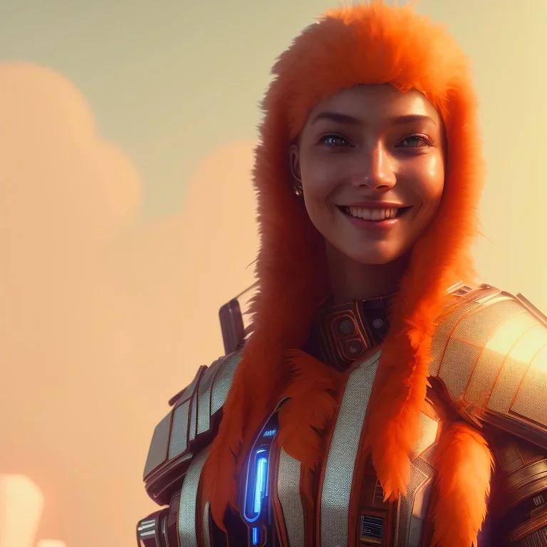 A beautiful portrait of a cute cyberpunk woman smiling facing camera orange color scheme, high key lighting, volumetric light high details with white stripes and feathers unreal 5, octane render, cinema4d, dynamic lighting, dramatic lighting, 4k, redshift render, highly detailed, hyper realistic