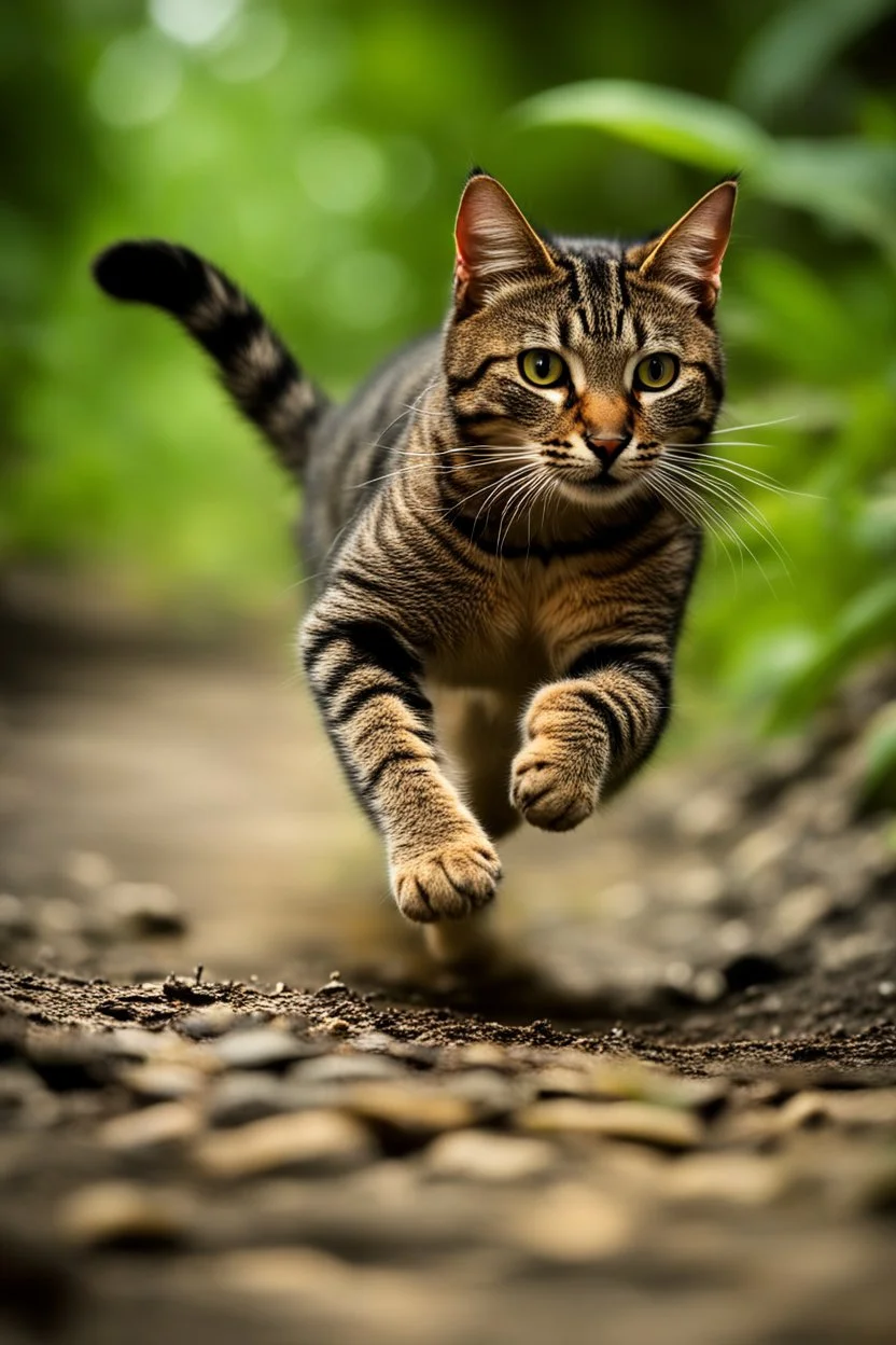 A Cat running very fast in the jungle, front shot, close up, National geographic style, motion blur, sharp focus, 32k