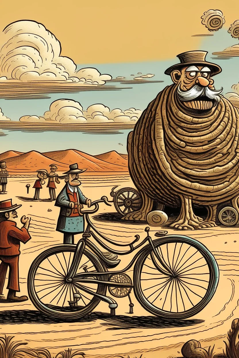 giant old bicycle with pepe on the top smoking in the desert with small people around in the style of Hiroshi Nagai