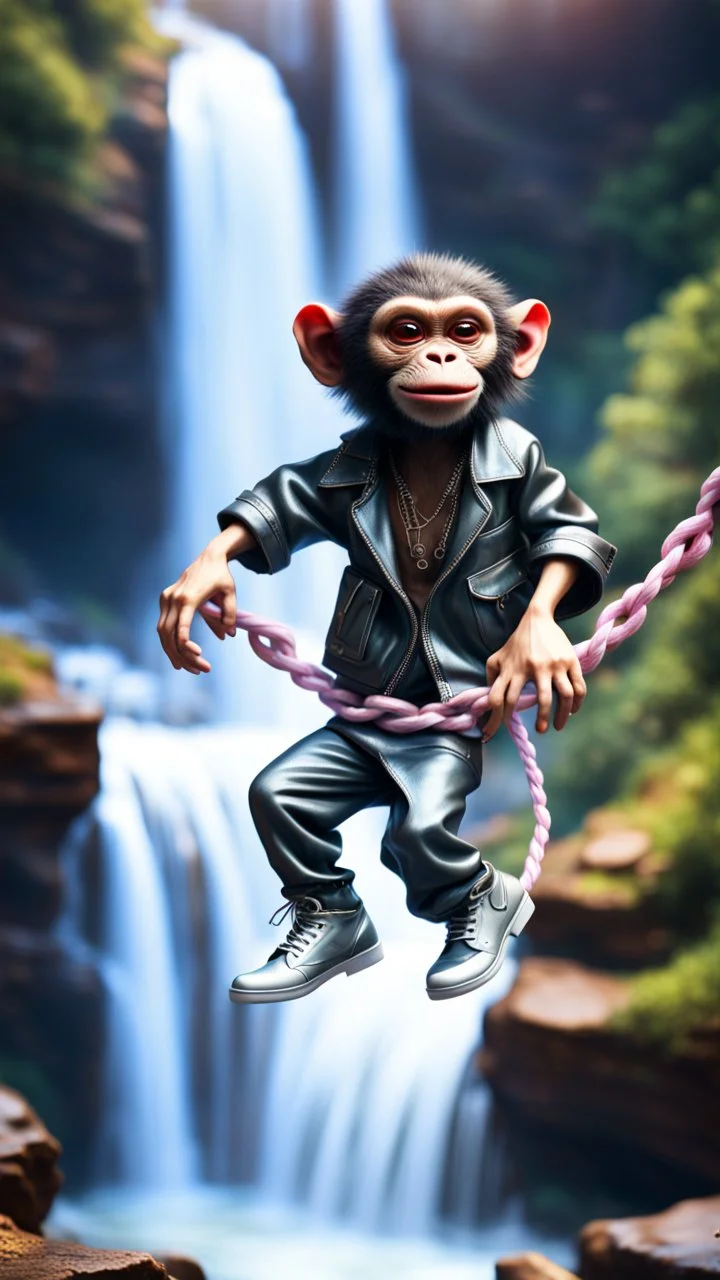 magazine cover, twisted rock star alien gremlin monkey rapper crew with silver boots as a pimp walking tight rope rushing down heavens waterfall,bokeh like f/0.8, tilt-shift lens 8k, high detail, smooth render, down-light, unreal engine, prize winning