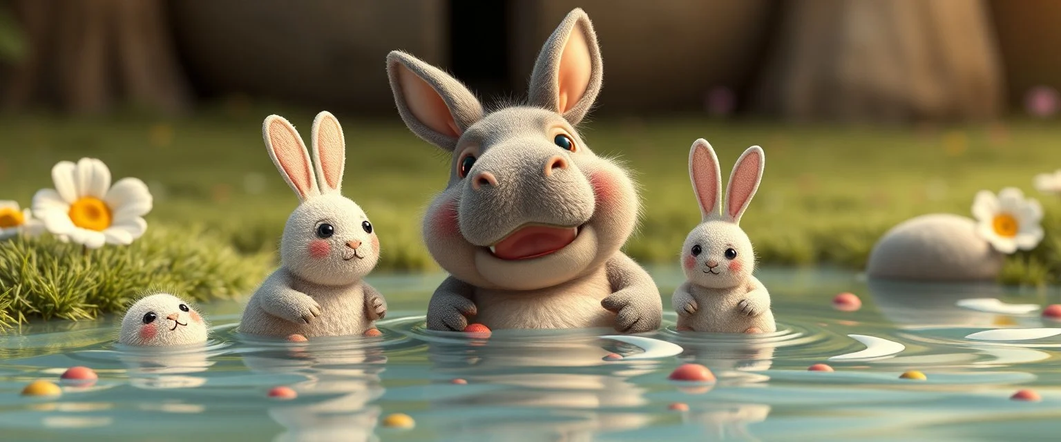 realistic ghibli crazy cute small fluffy hippo bunny with friends