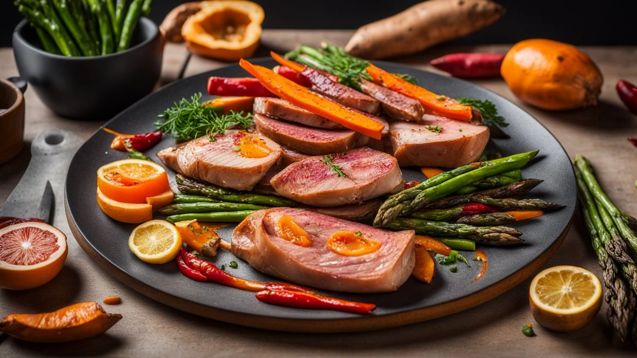 food photography shot in a kitchen island of a rustic plate that reflects the vibrant color combination of juicy turkey slices with roasted sweet potatoes, grilled asparagus spears and a variety of caramelized onions, red sliced chillies, coriander leaves and lemon, a drizzle of balsamic glaze. The lighting should enhance the flavors and freshness of the presentation. 8k. wallpaper. extremely detailed, High detail, mouthwatering textures, focus on the freshness and vitality of the food