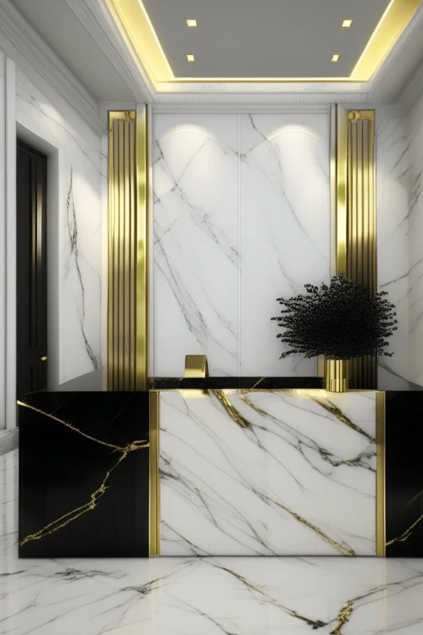 Reception room with a white marble wall with golden veins and a black reception desk