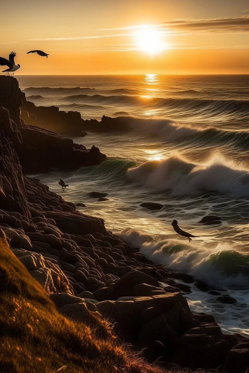 Generate an image of a sunset scene with a group of seabirds resting on rocky cliffs overlooking the ocean. Capture the birds in various states, some in flight, some perched, and others gliding above the waves. Highlight the rugged coastal landscape and the interplay of light and shadow.