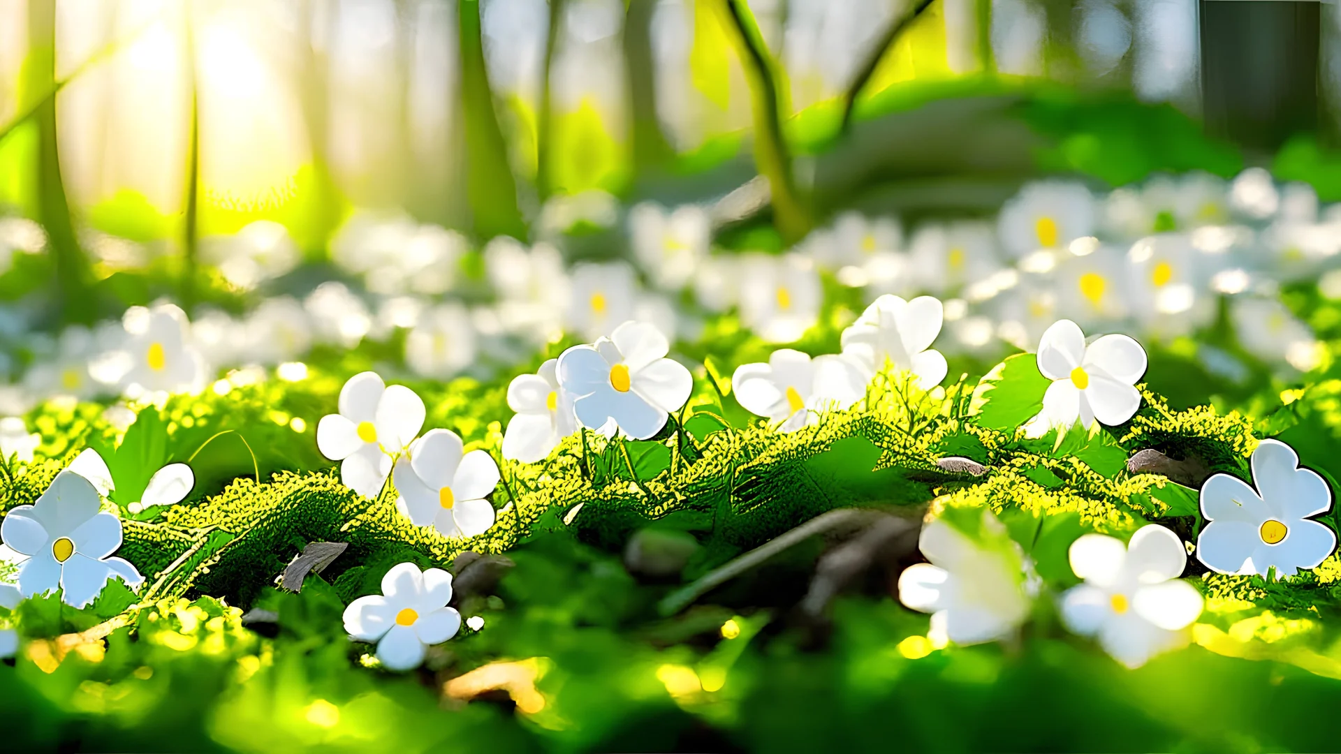 Beautiful white flowers of anemones in spring on background forest in sunlight in nature. Spring morning forest landscape with flowering primroses, soft selective focus in foreground