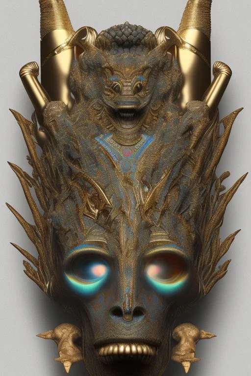 Aztec male African Egyptian alien, cracks in the voodoo head, wicked, eyes, crown, Elephant, 8k, finely detailed, photo realistic, tiger turquoise skull head gold dragon space alien snow skeleton gold hornytoad silver crown silver eyes