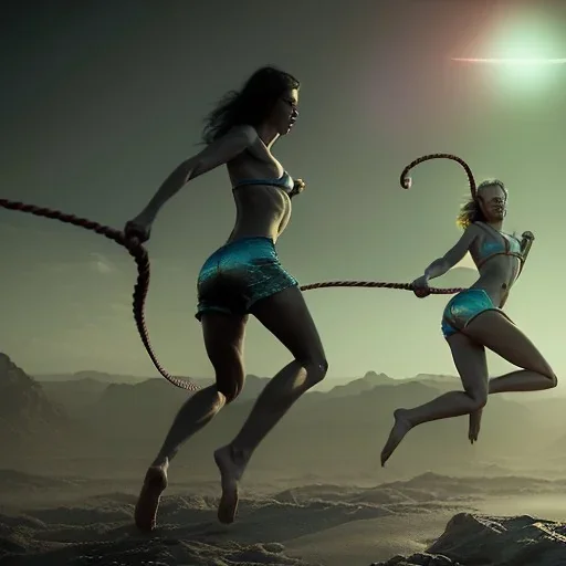 Two women skipping with a rope, demons and angry gods fight in the background, in the style of a Michael Moorcock book cover.