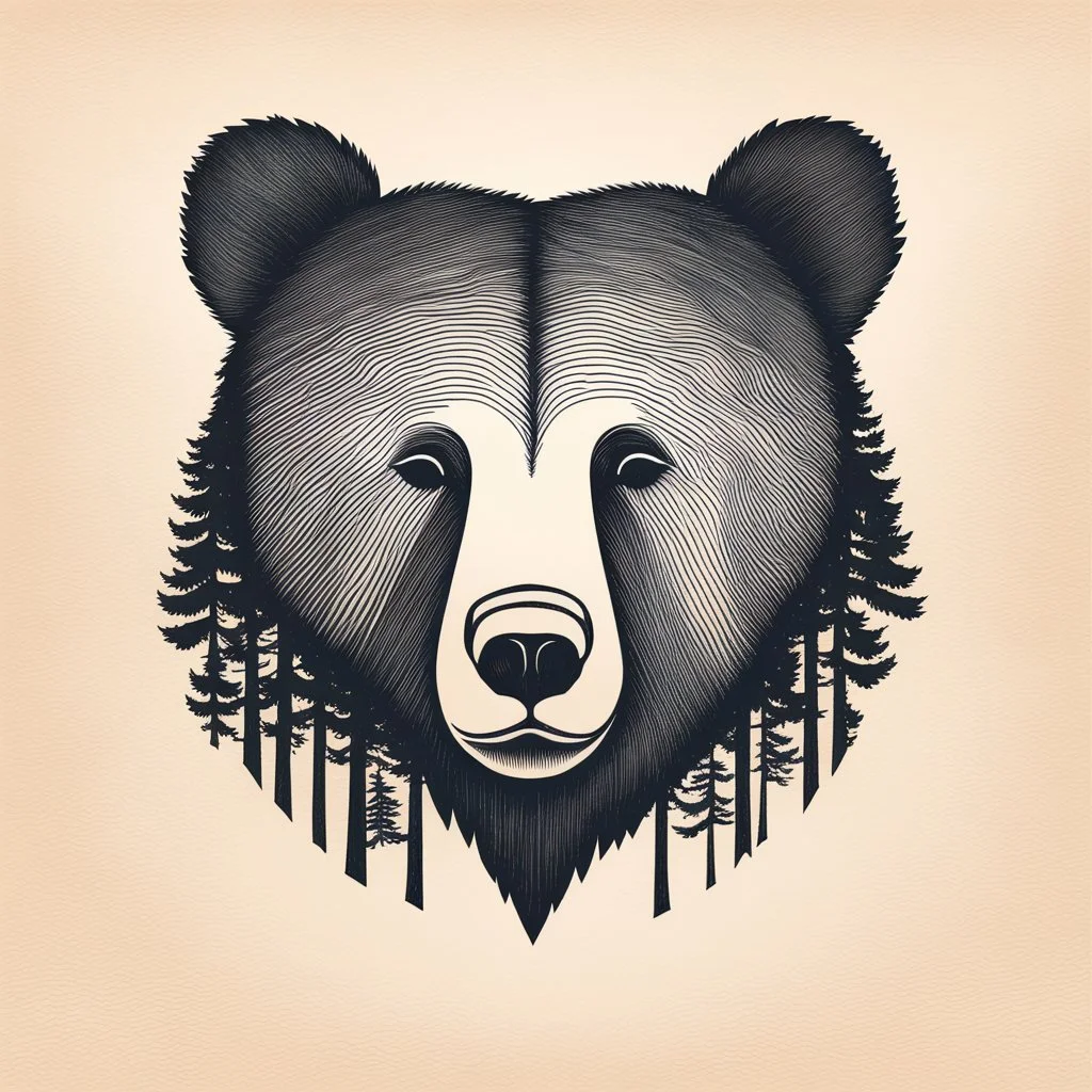 M shaped bear head combined with woods silhouette in background, letterpress style, minimalistic pencil art