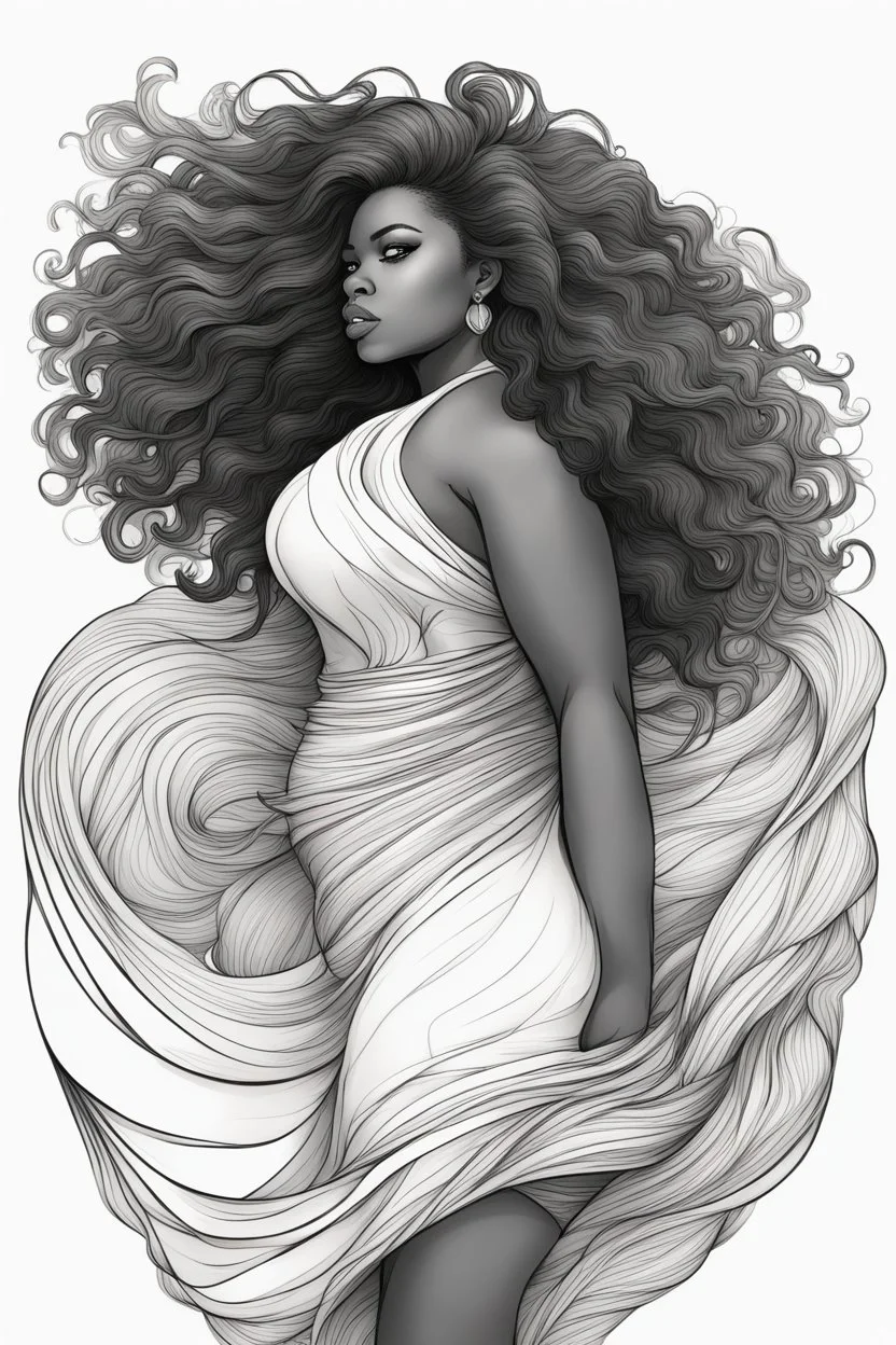 Create a coloring page of a beautiful black curvy female looking to the side with Wavely wild hair blowing in the wind. No shading, No color, no gray, white background