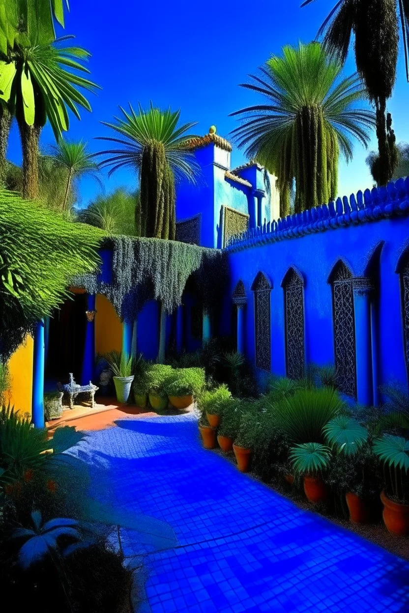 The Jardin Majorelle in Marrakech, an oasis of calm amid the city's chaos. This enchanting garden is filled with exotic plants, vibrant blue buildings, and winding pathways.