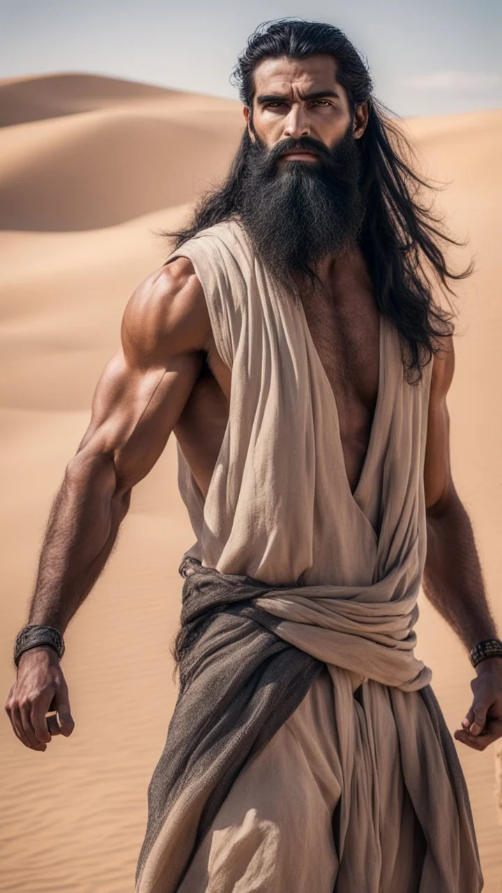 An Arab man in the desert, tall and strong, with long black hair and a thick beard. A long face, a large nose, a thick face, and sharp black eyes. A solid and muscular body with a strong build.