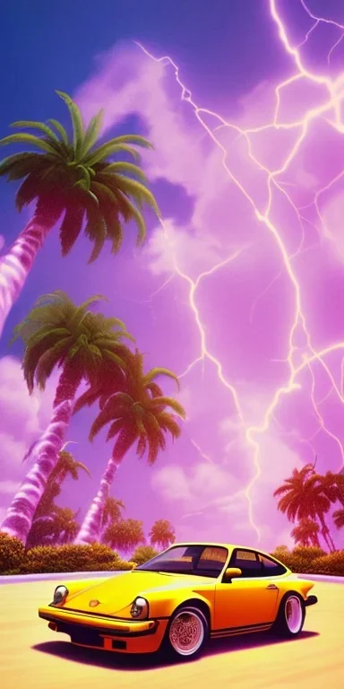 1980's aesthetic vaporwave palm trees and spheres and glowing Porsche with lightning