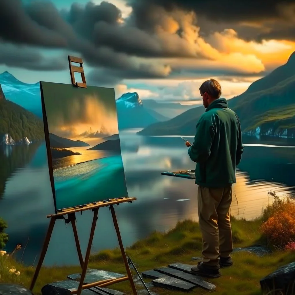 Long shot of an 18th century painter painting on an easel in nature taken from behind, in the background of a fjord in Norway with turquoise water, forested mountains reflected in the fjord, cloudy sky, sunset time, hyperrealistic shot, wide lens, 24K