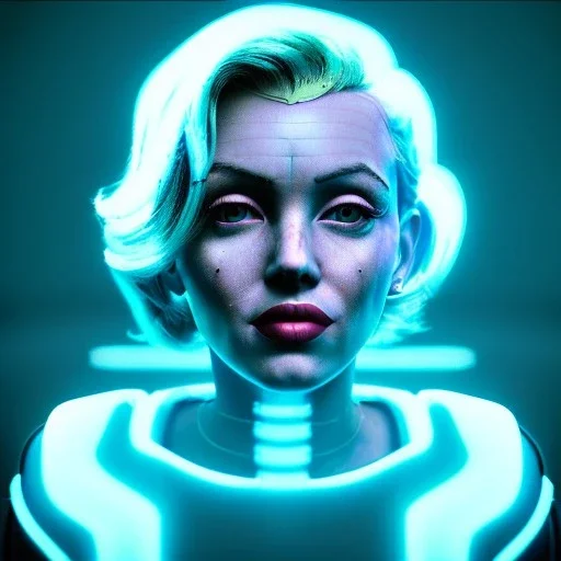 Ultra Realistic image, portrait, blonde woman, Marylin Monroe face, perfect iris, glow eyes, glow makeup. Cyborg, Cyberpunk, ghost in the shell style, oversized tight latex dress. fog, rain, soft color, highly detailed, unreal engine 5, ray tracing, RTX, lumen lighting, ultra detail, volumetric lighting, 3d, finely drawn, high definition, high resolution.