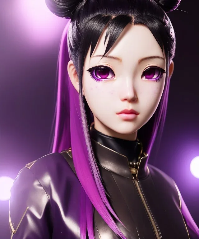 Detailed cute anime Kunoichi girl, purple hair buns, purple bangs, black latex bodysuit, intricate details, full body portrait, keep head in frame, slight smile, black Japanese motif, concept art, highly detailed, digital painting, concept art, sharp focus, illustration, art by Yoji Shinkawa, WLOP and greg rutkowski and alphonse mucha and artgerm and yanjun Chen and Junji ito and Makoto Shinkai, HDR, octane render