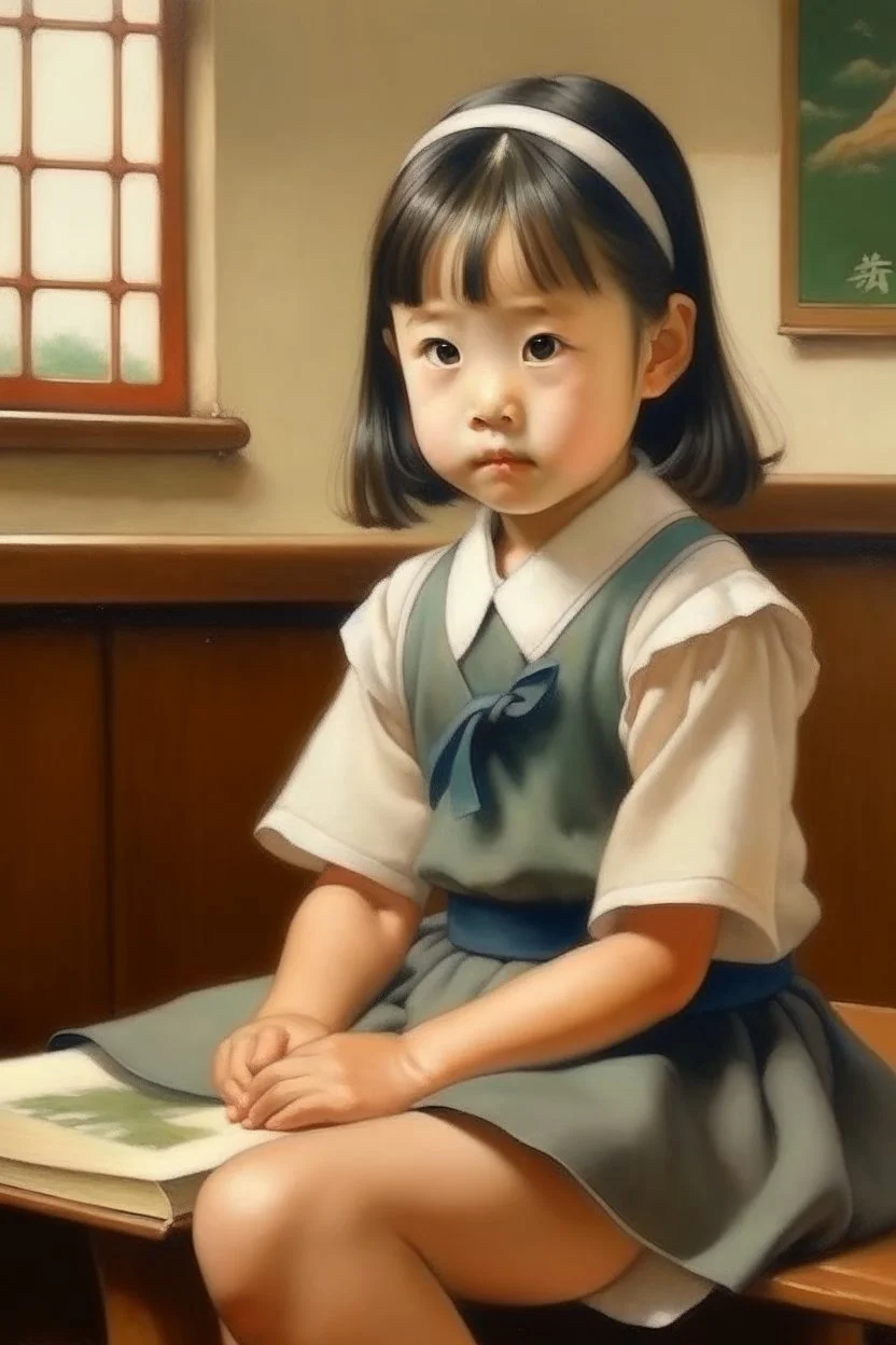 japanese little girl sitting in school painting neoclassism