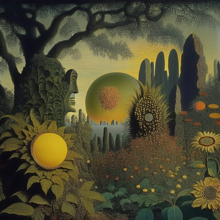 High definition photography of a marvelous landscape, trees, flowers, giant sun, people wearing masks, intricate, rock formations, atmosphere of a Max Ernst painting, Henri Rousseau, thoughtful, Georg Trakl, interesting, appalling, smooth