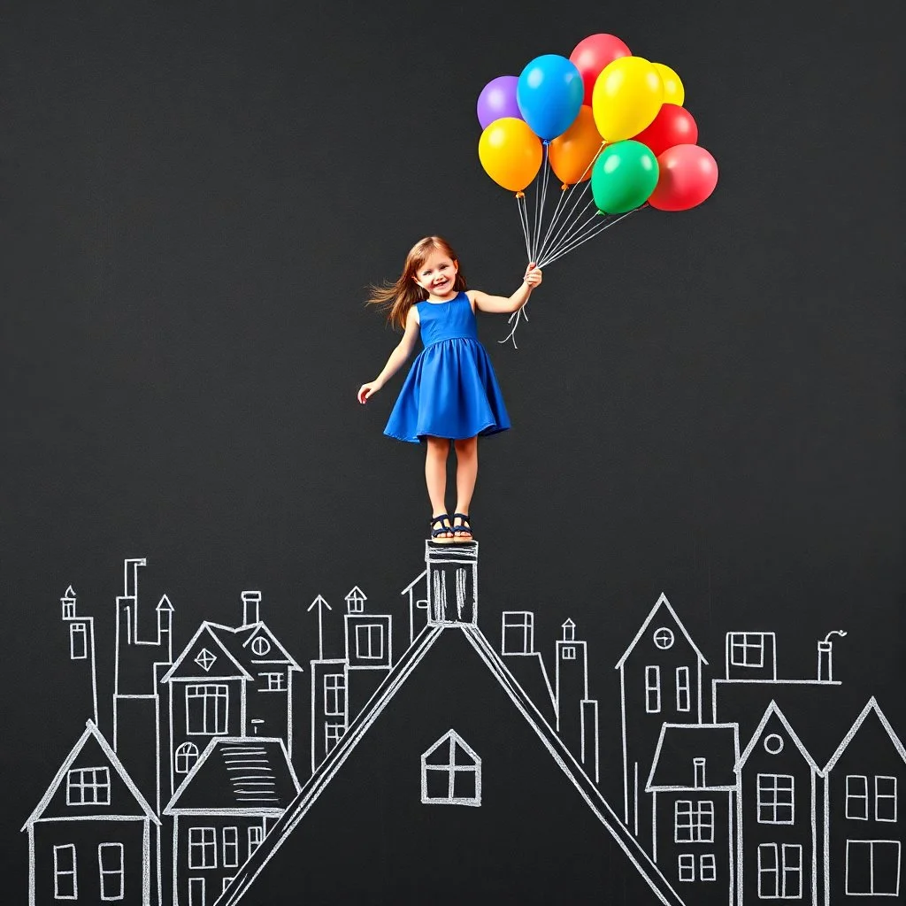 A girl in a blue dress standing tippy toe on the roof of building in chalk-drawn cityscape on a black board, holding a bunch of colorful primary colored balloons.She is standing on the roof of one of the houses, She appears carefree, soaring amidst the whimsical, artistic backdrop of houses.