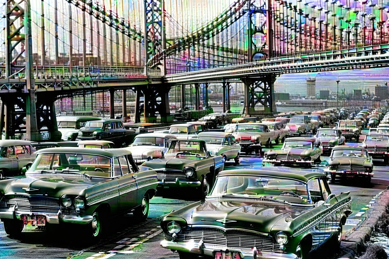 Schwarzweißfoto von der Oakland Bridge aus den 1960ern mit vielen damaligen Automodellen