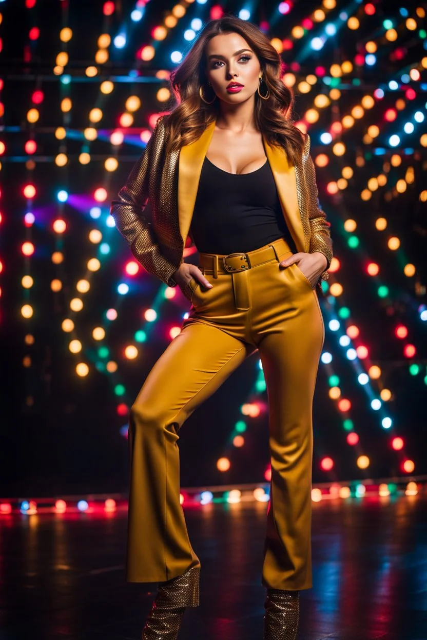 fullbody close up shot of young-beautiful-girl-with-a-perfect-face wearing pants and thight blouse and jacket stage disco lights