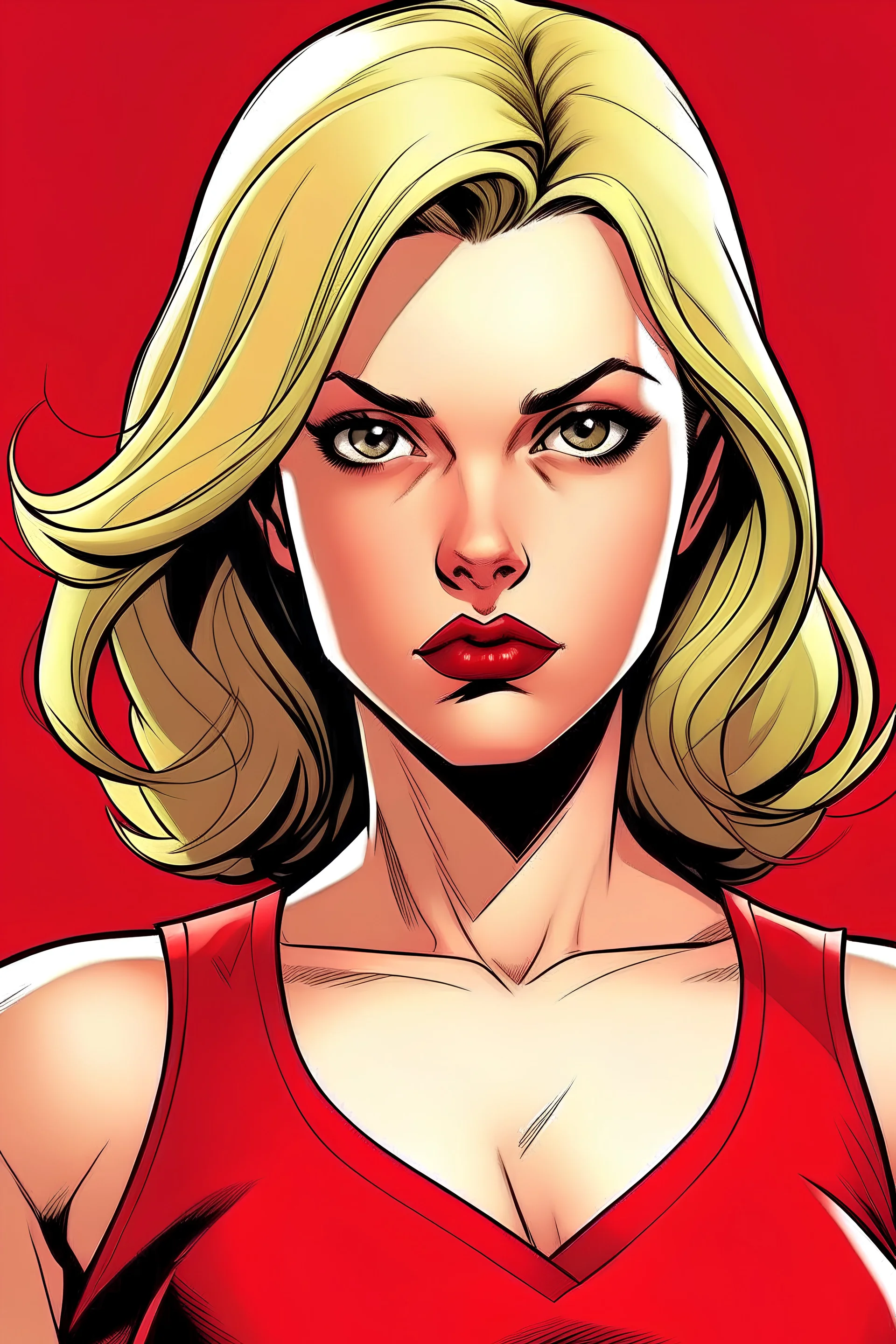 Female, looking serious, in a red dress, with blond hair in a comic style