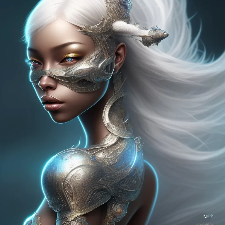 fantasy magic, intricate, sharp focus, illustration, highly detailed, digital painting, concept art, matte, masterpiece head sexy front view black African beauty space lady silver carp skin one head blonde space night