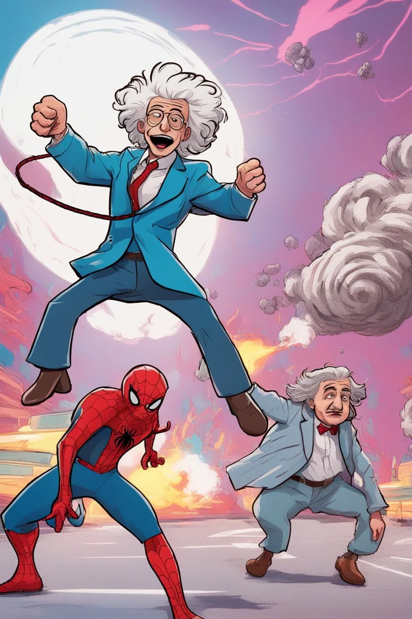 Sir Isaac Newton Brofisting the camera with Albert Einstein hitting the whip nae nae in the background with an atomic bomb going off in the background in the style of Spider-Man into the spider-verse.